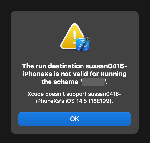 The run destination 端末名 is not valid for Running the scheme 'スキーム名'
