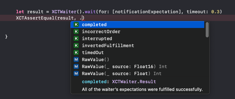 XCTWaiter.waitから返却されるResultを使用して、XCTAssertEqualの補完を表示したところ